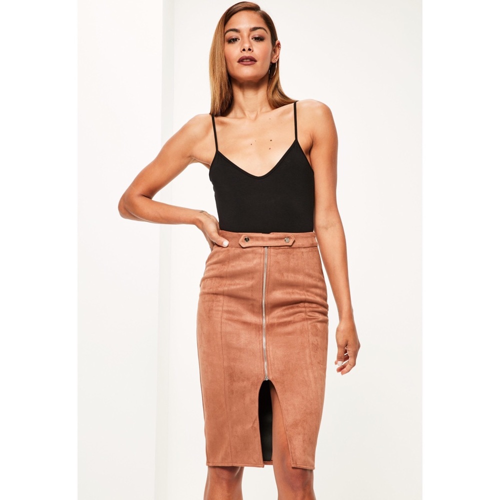 Missguided Brown Faux Suede Midi Skirt